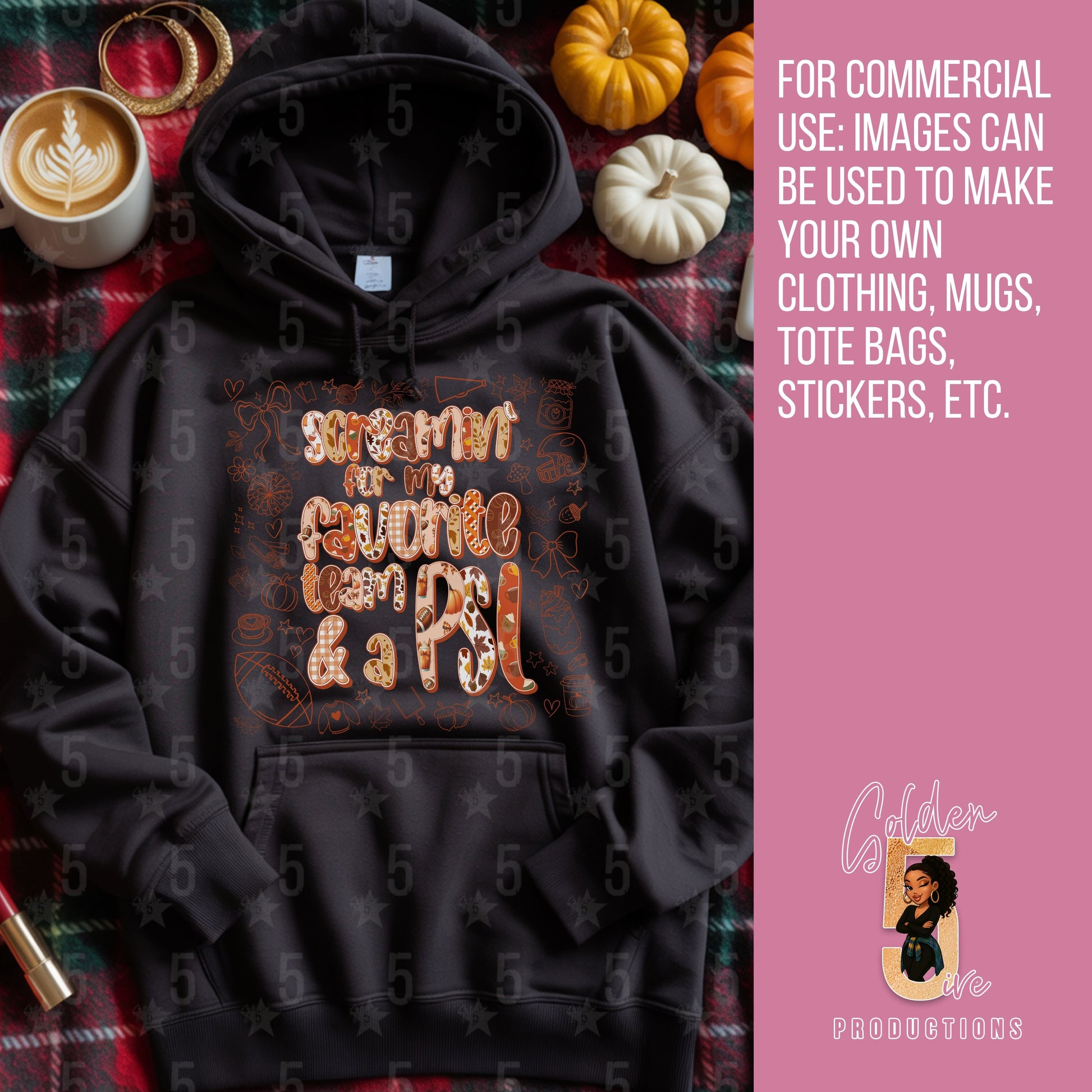 Black hoodie with text design on a plaid background with pumpkins and a coffee cup.