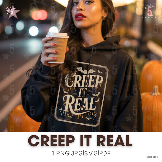 Person wearing a hoodie with 'Creep It Real' text, holding a coffee cup, with pumpkins in the background.