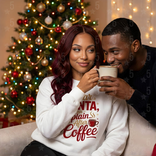 Couple enjoying a mug of coffee in front of a decorated Christmas tree.