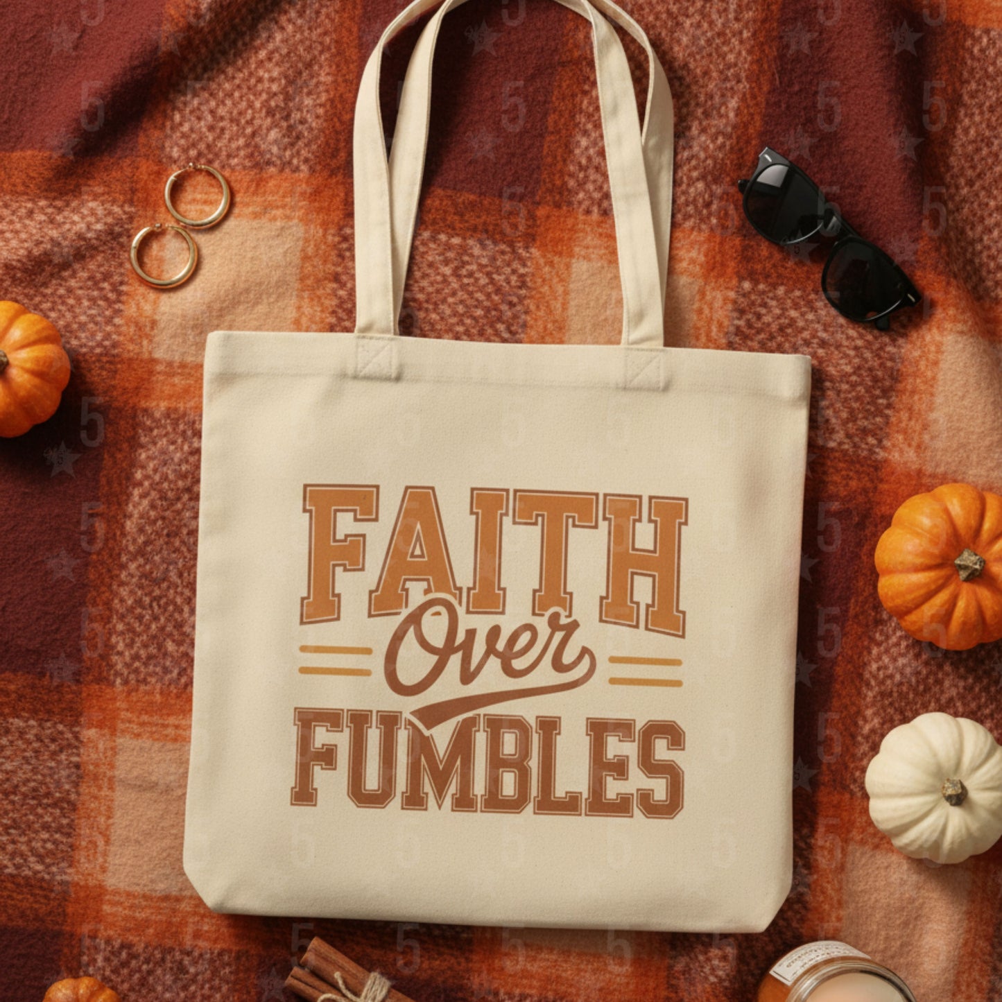 Tote bag with 'Faith Over Fumbles' text on a plaid background with pumpkins and sunglasses.