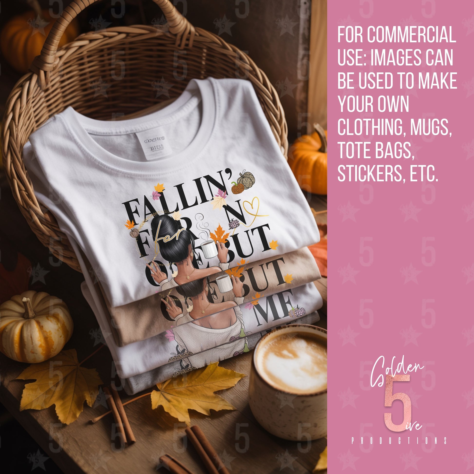 Stack of t-shirts with a graphic design on a wooden surface with pumpkins and a cup of coffee.