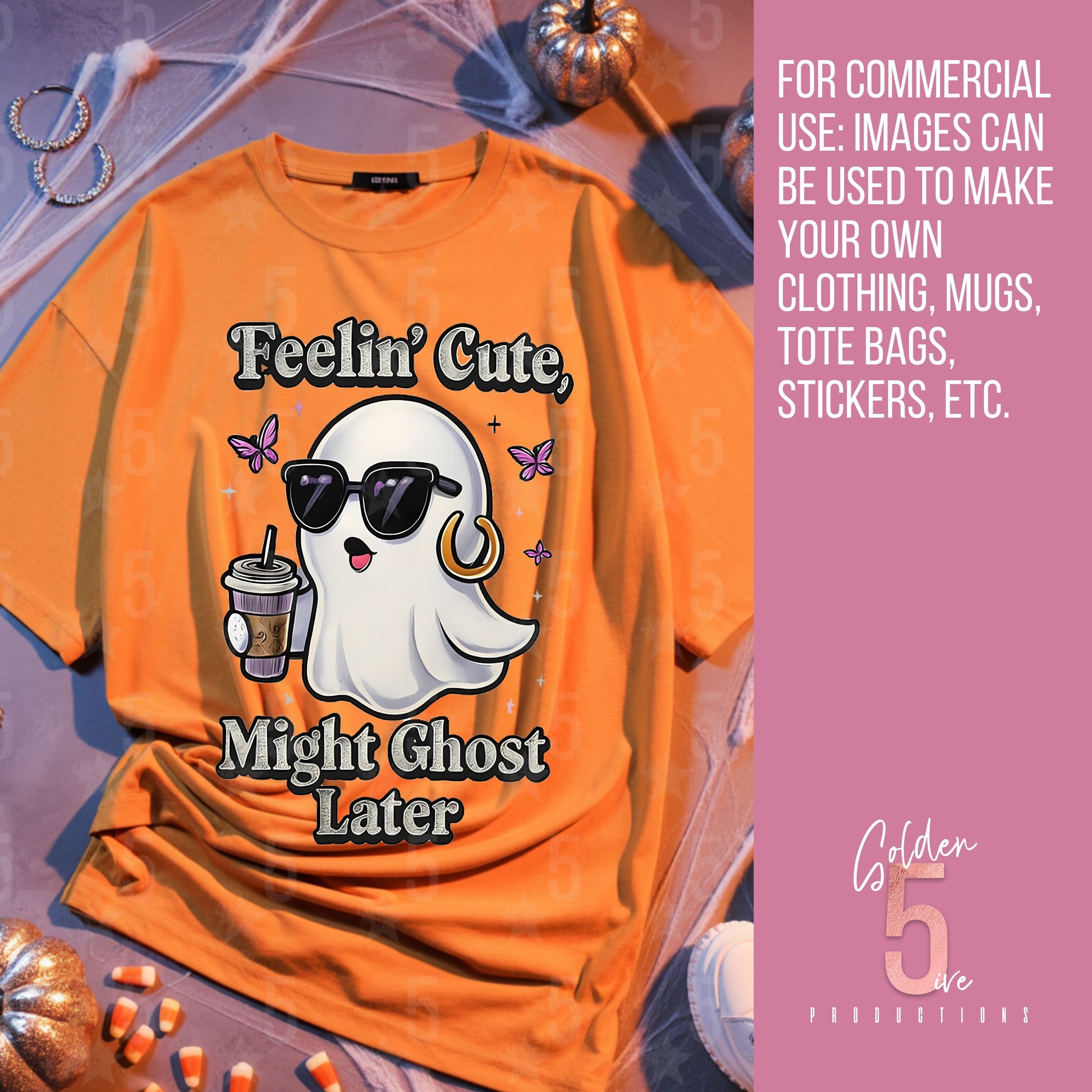 Orange t-shirt with ghost graphic and text 'Feelin' Cute, Might Ghost Later' on a purple surface with Halloween decorations.