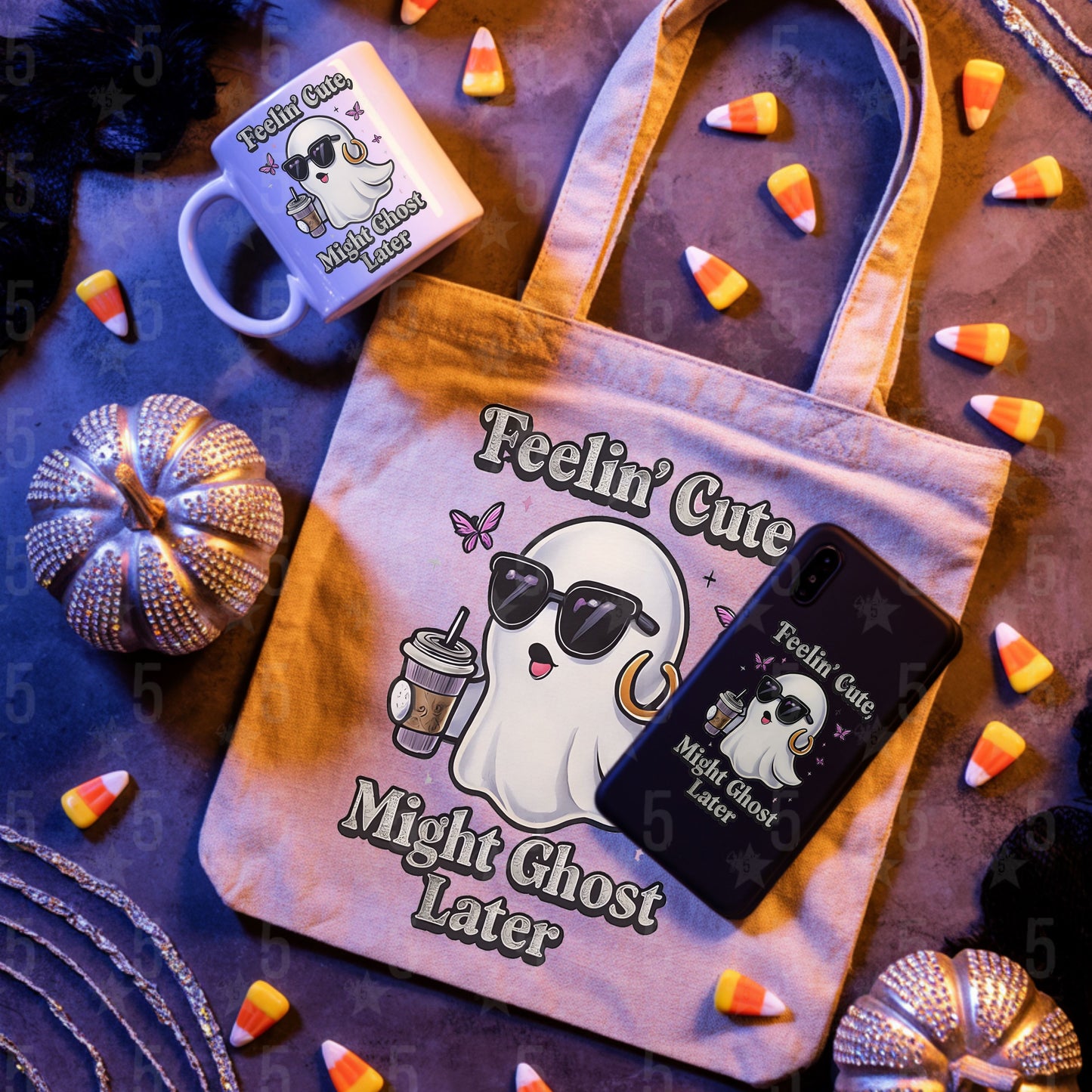 Halloween-themed tote bag, mug, and phone case with ghost design and text on a decorative background.