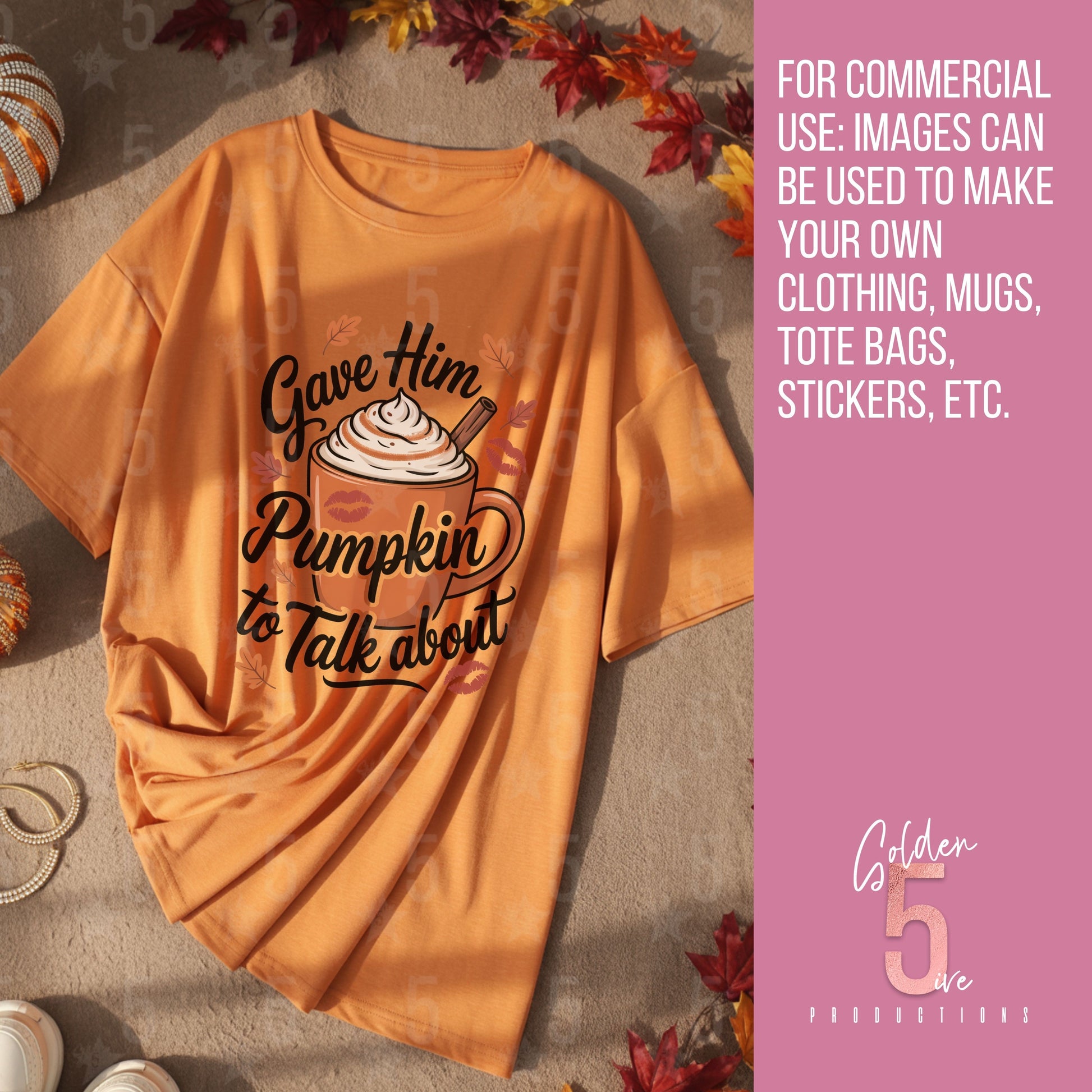 Orange t-shirt with pumpkin spice latte graphic and text on a textured surface with fall leaves.