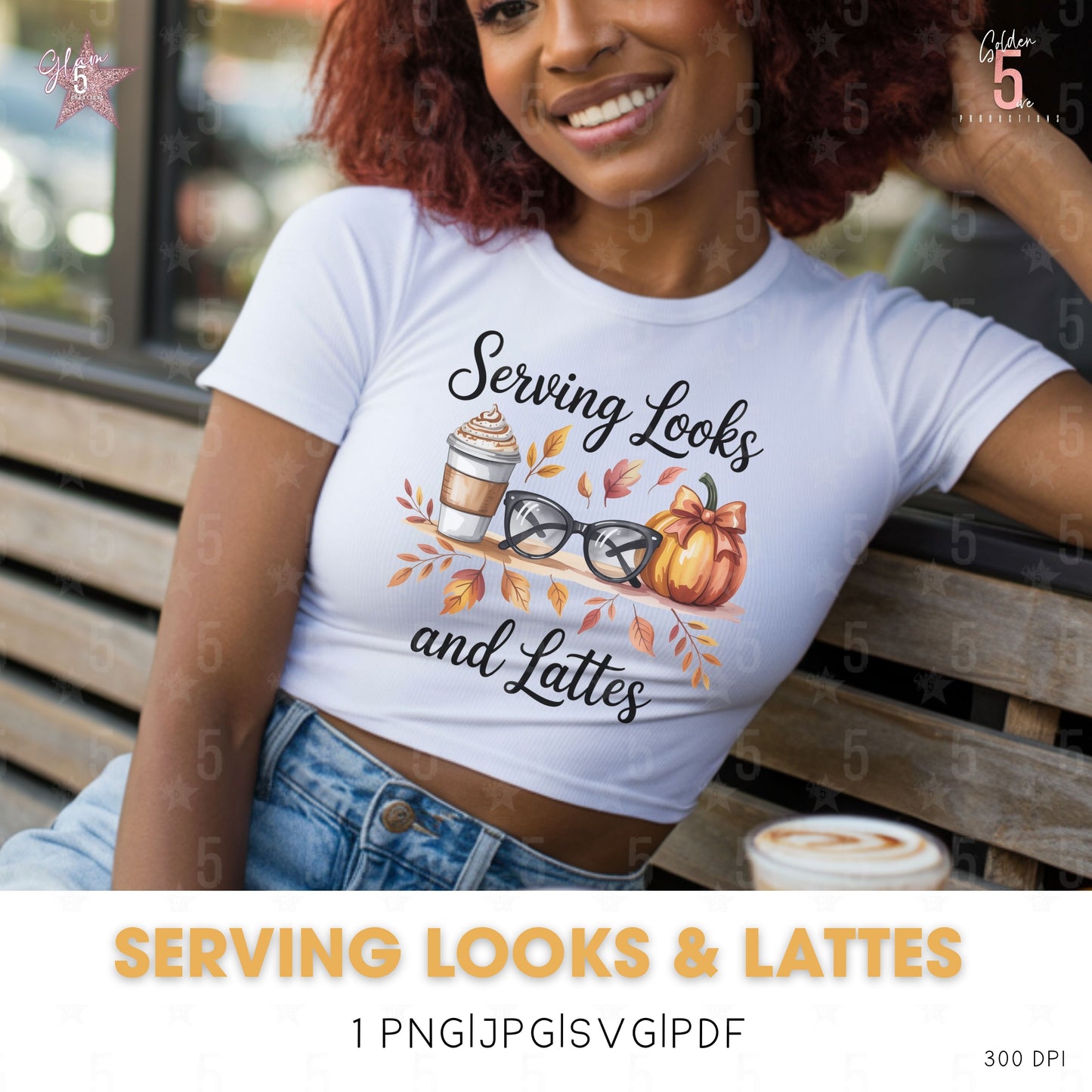 Woman wearing a white t-shirt with 'Serving Looks and Lattes' design, sitting on a bench.