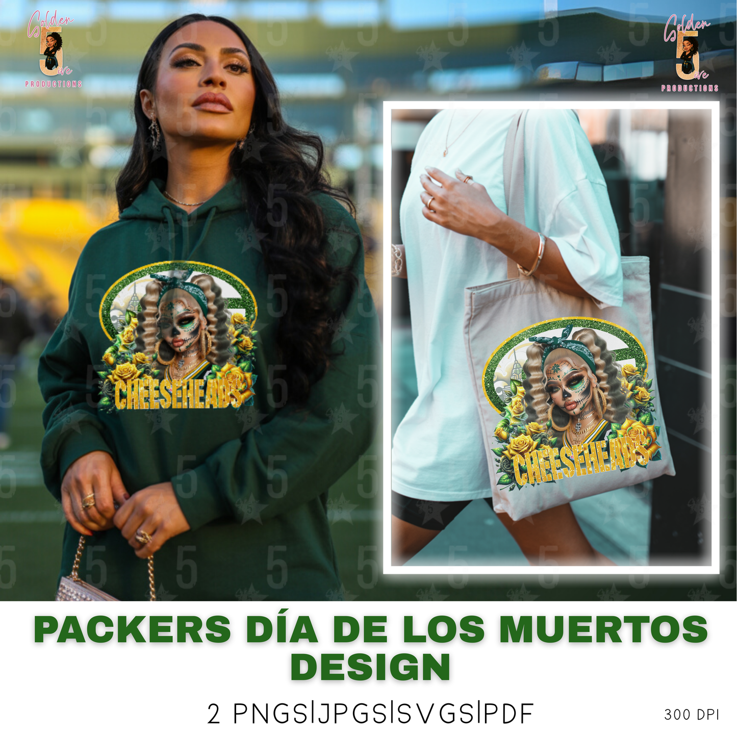 Green Bay Packers Día de los Muertos Design SVG, PNG, JPG, PDF - Instant Download