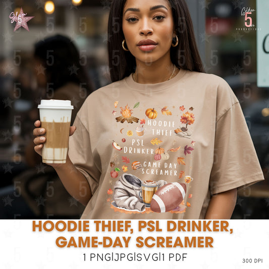 Woman wearing a t-shirt with a graphic design and holding a coffee cup in a casual setting.