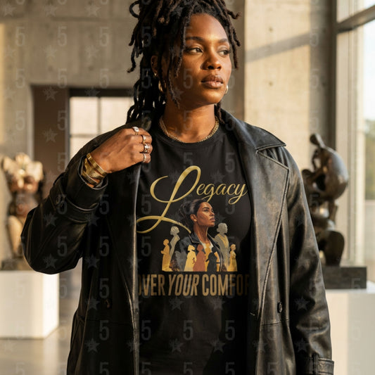 Person wearing a black t-shirt with 'Legacy Over Your Comfort' design in a museum setting