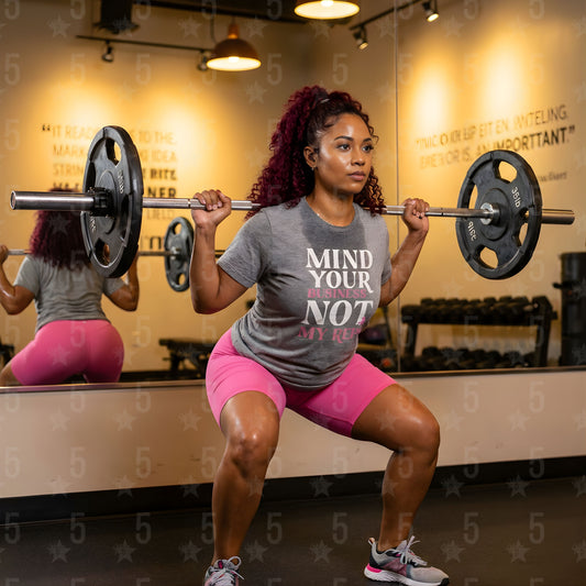 A black and mexican woman with burgundy hair squatting at the gym