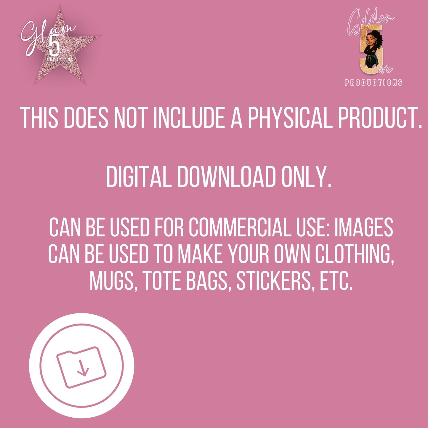 Pink background with text about digital download and commercial use, featuring a logo on the top right corner.