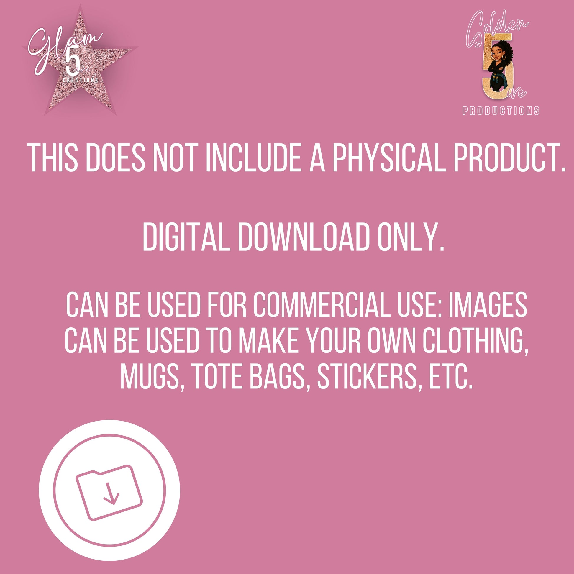 Pink background with text about digital download and commercial use, featuring a logo on the top right corner.