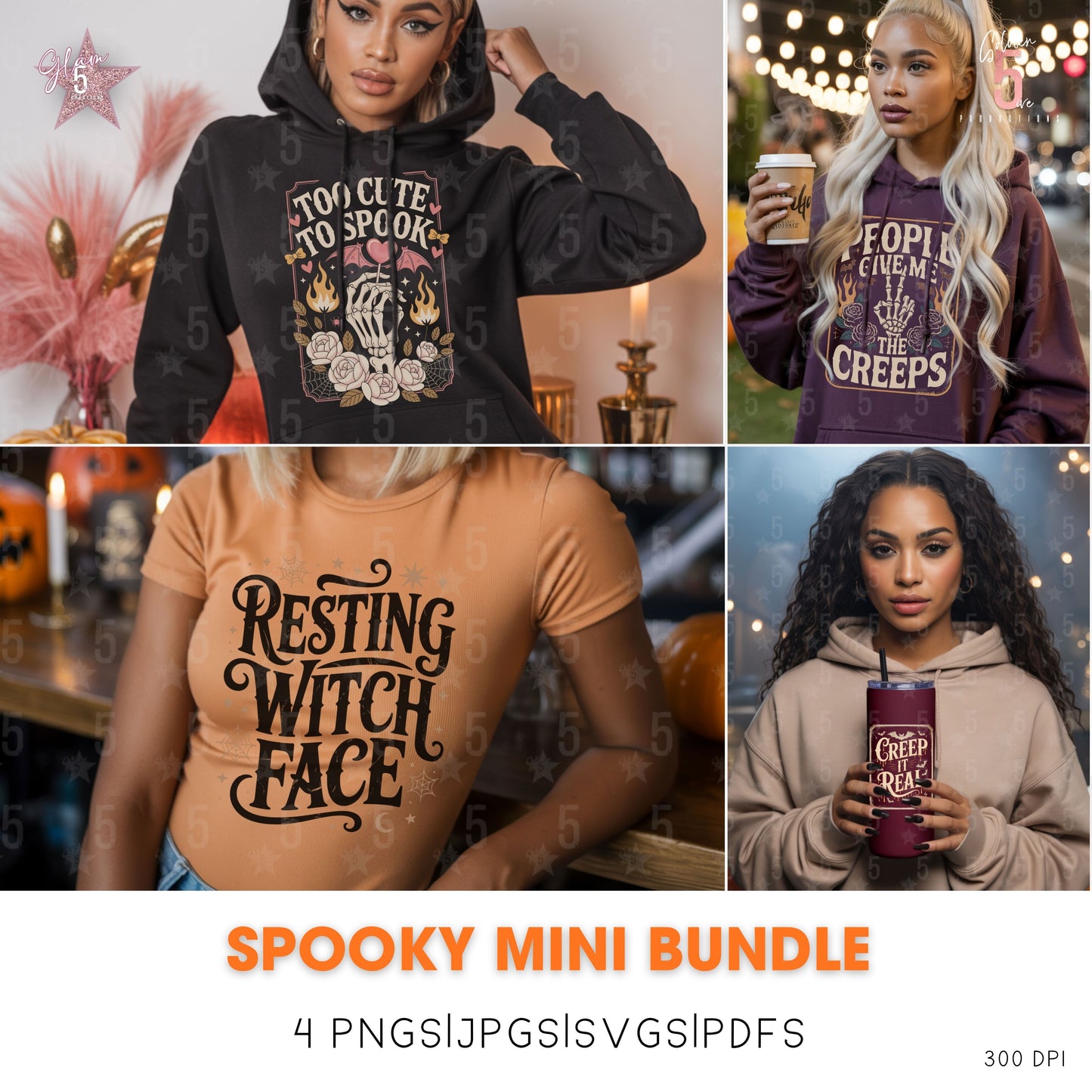 Collage of people wearing spooky-themed clothing and accessories with text overlay.