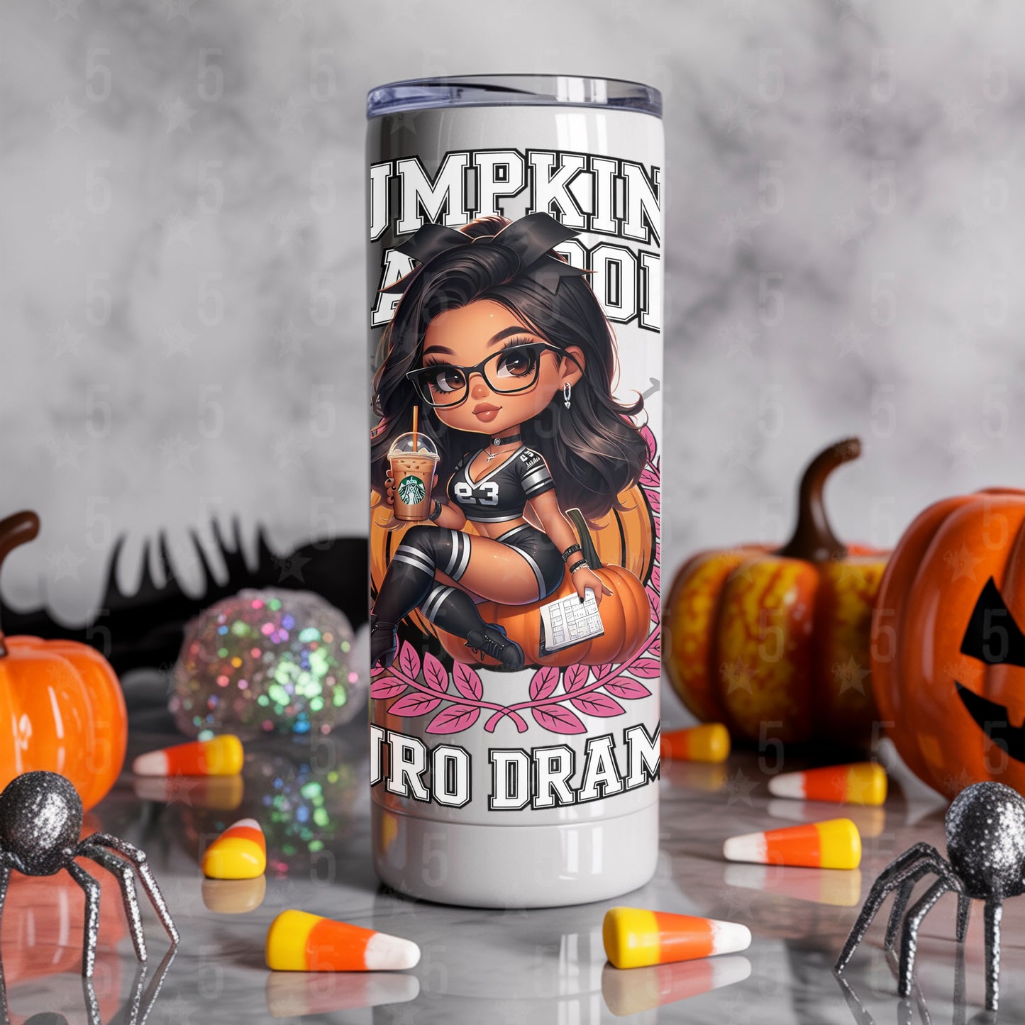 Tumbler with Halloween-themed design featuring a character and text, surrounded by pumpkins and candy corn.