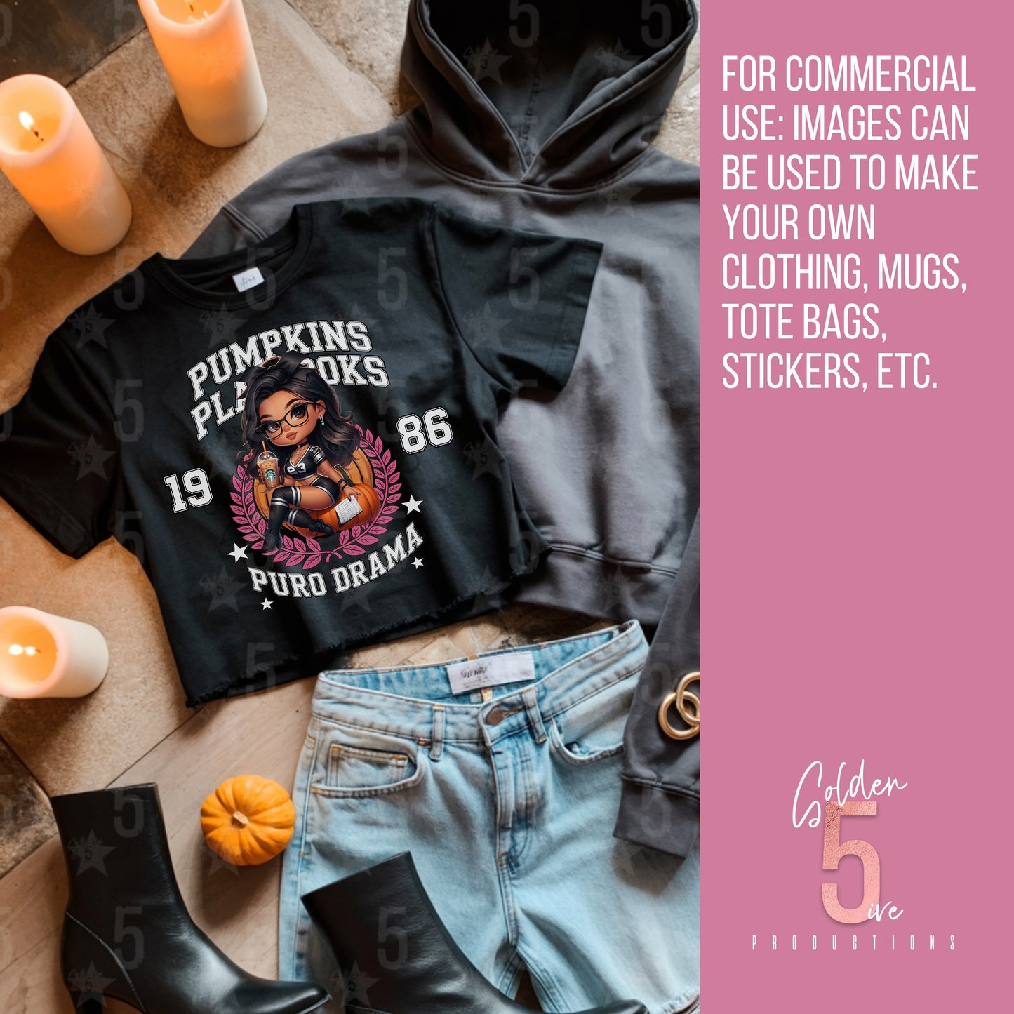 Black t-shirt with graphic design, gray hoodie, blue jeans, and black boots on a surface with candles and pumpkins.