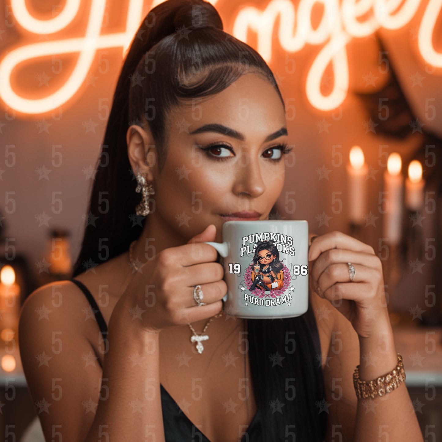 woman sipping from a white ceramic mug saying pumpkins playbooks and puro drama