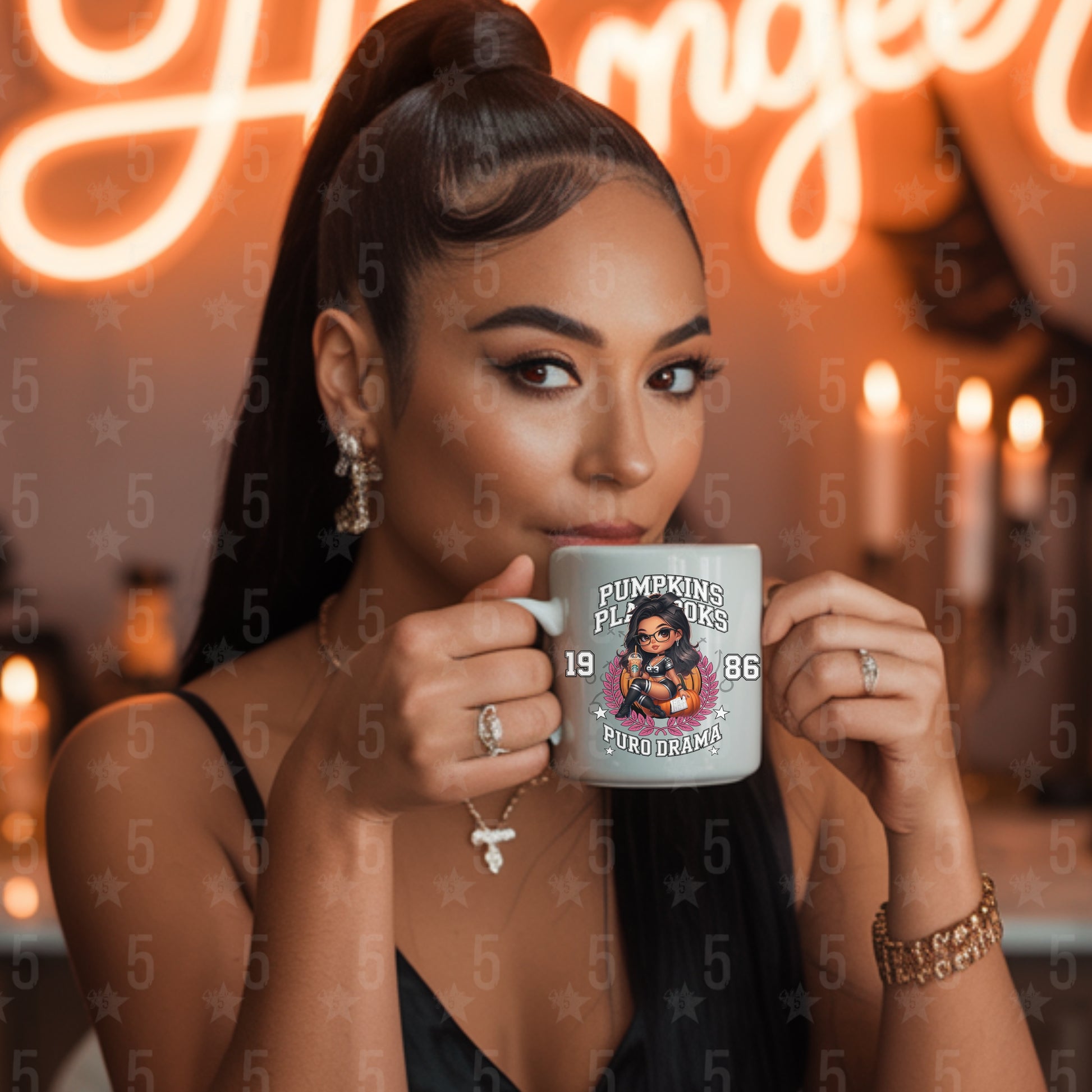 woman sipping from a white ceramic mug saying pumpkins playbooks and puro drama