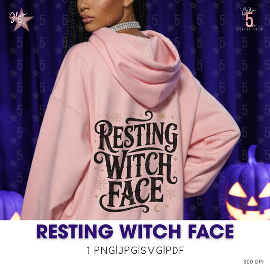 Pink hoodie with 'Resting Witch Face' text on a purple background with pumpkins.