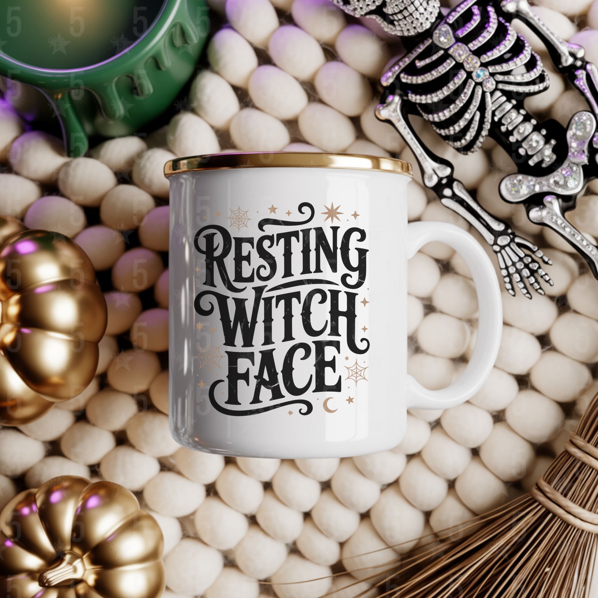 White mug with 'Resting Witch Face' text on a decorative background with pumpkins and a skeleton.
