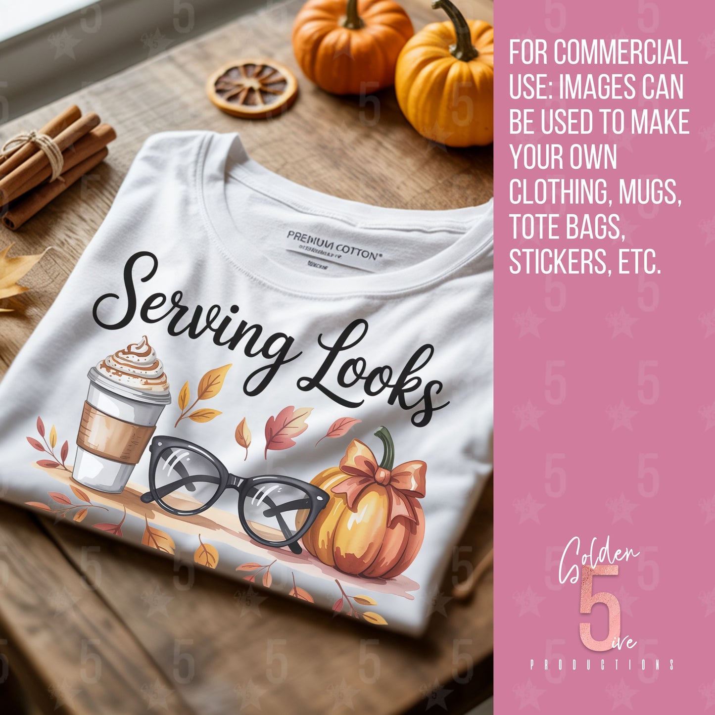 White t-shirt with 'Serving Looks' design featuring a pumpkin, coffee cup, and glasses on a wooden surface.