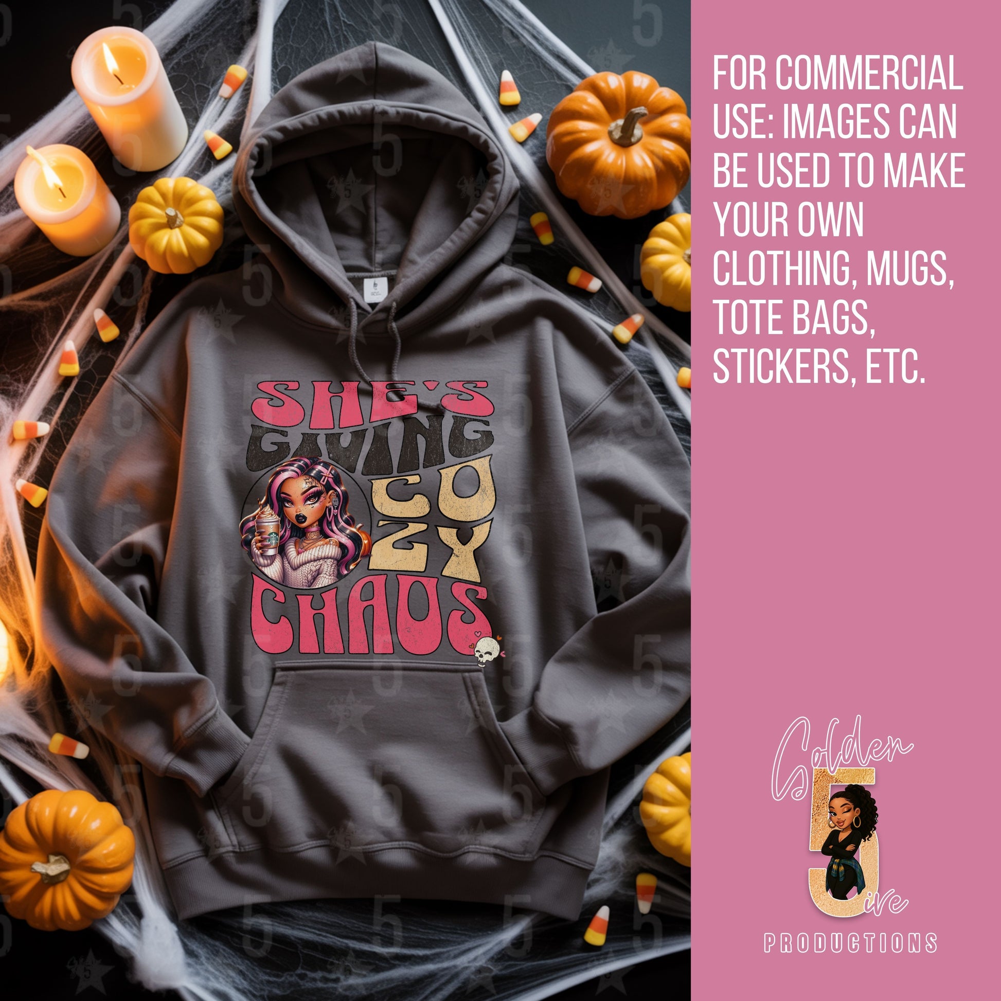 Gray hoodie with graphic design surrounded by Halloween decorations on a dark background