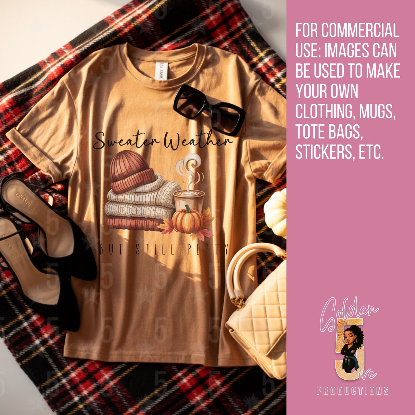 Beige t-shirt with 'Sweater Weather' design on plaid fabric, sunglasses, high heels, and handbag.