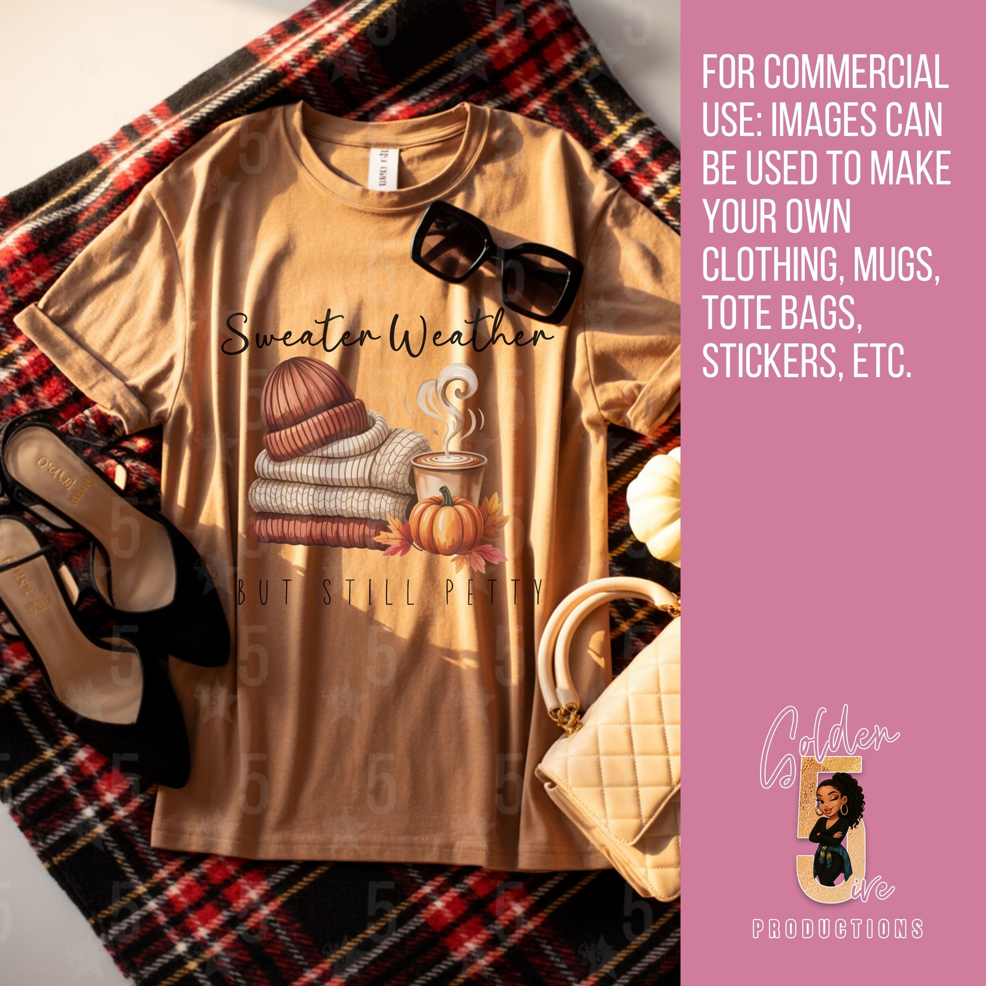 Beige t-shirt with 'Sweater Weather' design on plaid fabric, sunglasses, high heels, and handbag.