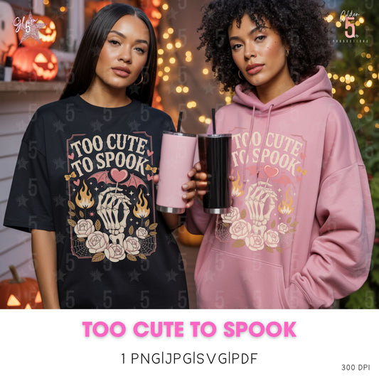 Two people wearing 'Too Cute To Spook' themed clothing and holding tumblers.