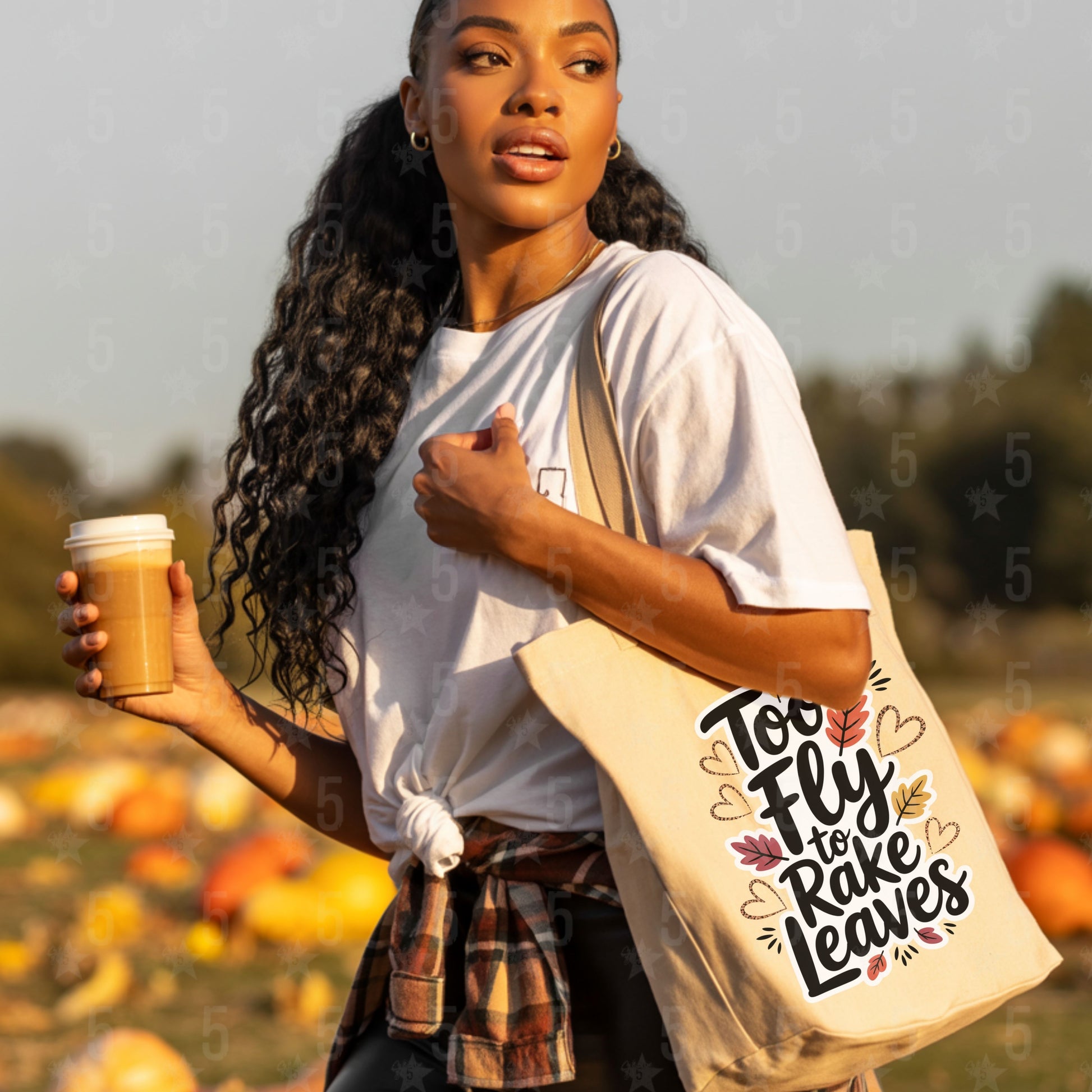 Woman holding a coffee cup and tote bag with text in a pumpkin patch