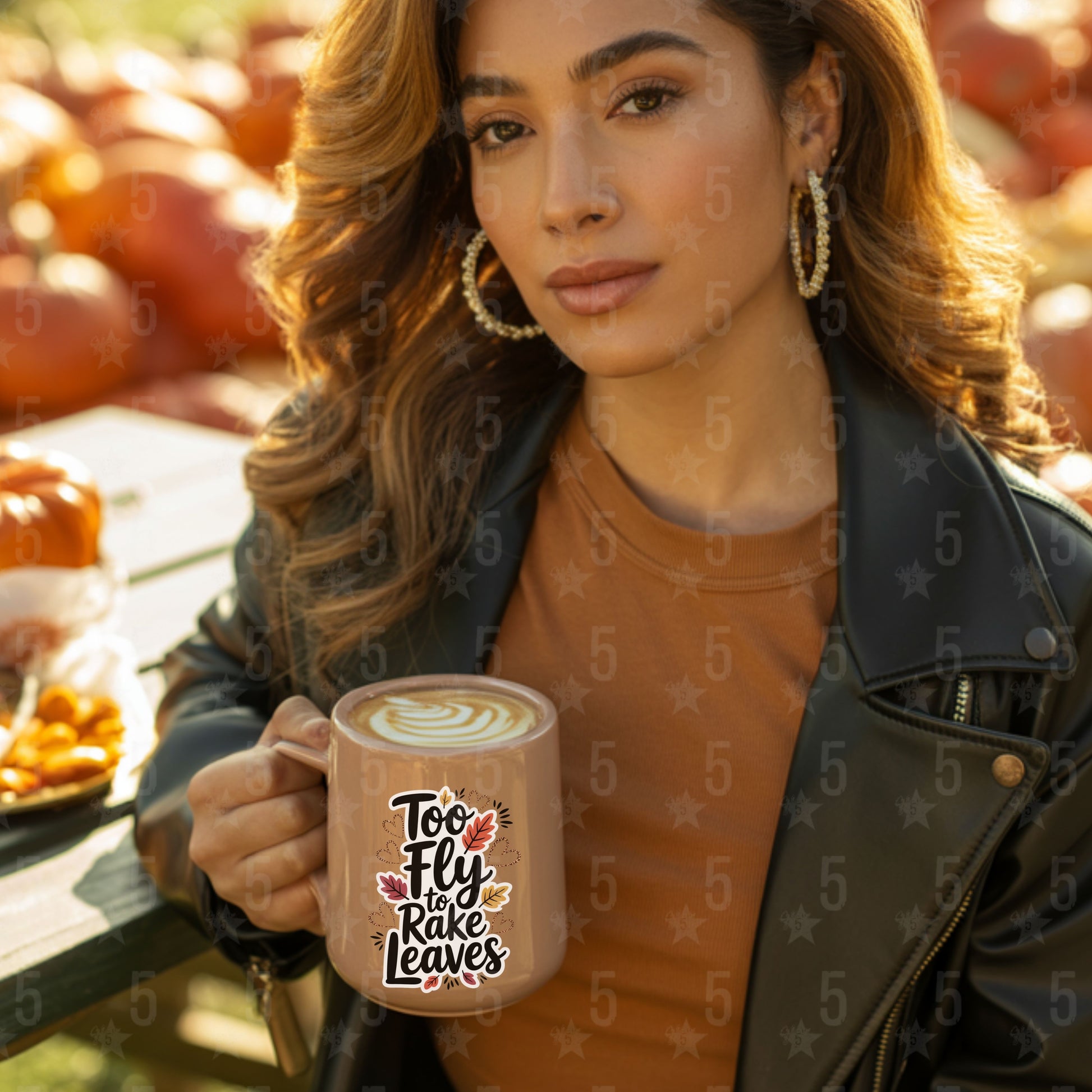 Woman holding a mug with text in an outdoor setting