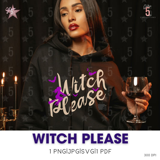 Person wearing a black hoodie with 'Witch Please' text, holding a glass of wine against a dark background.