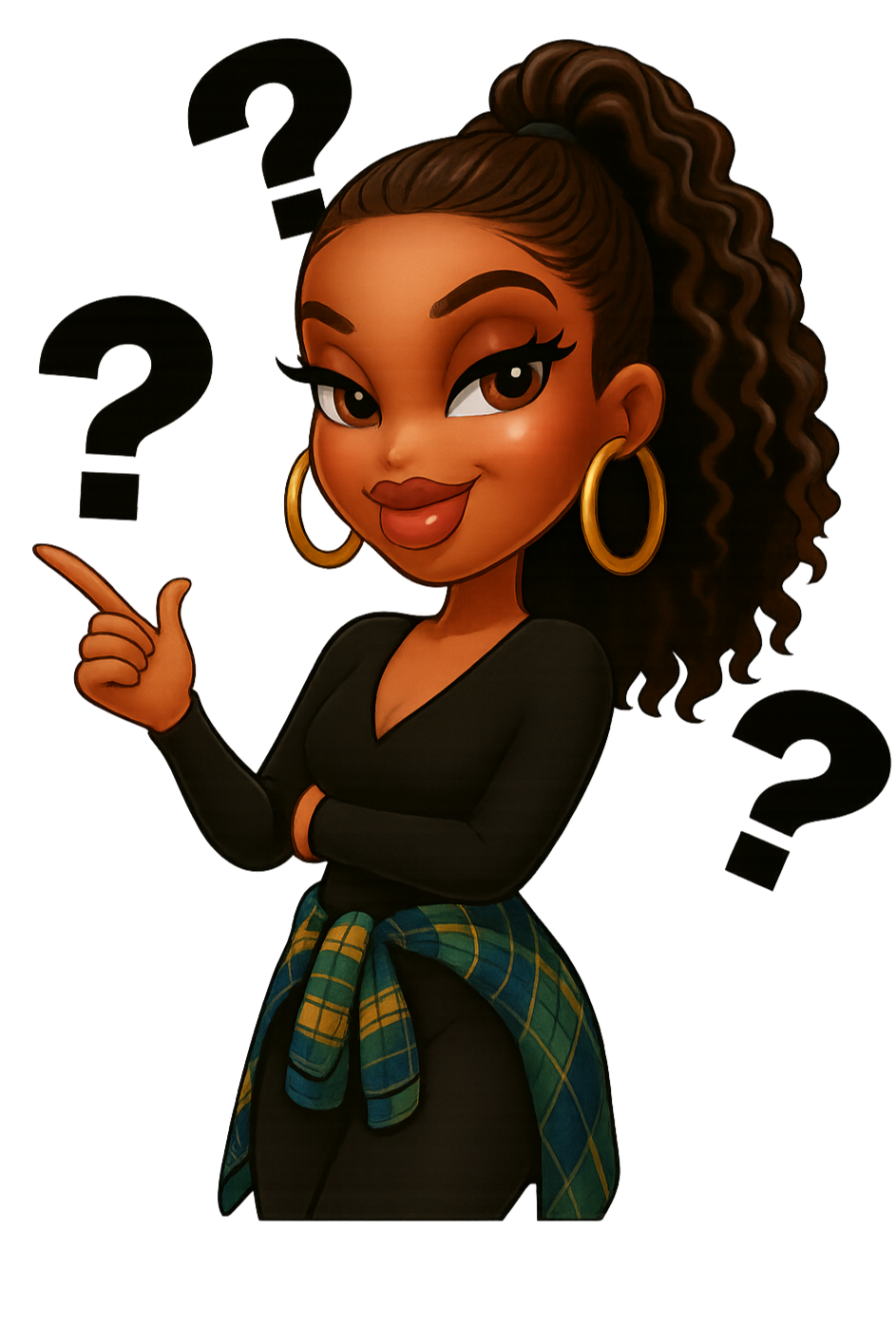 Cartoon character with a thoughtful expression, pointing upwards with question marks around.