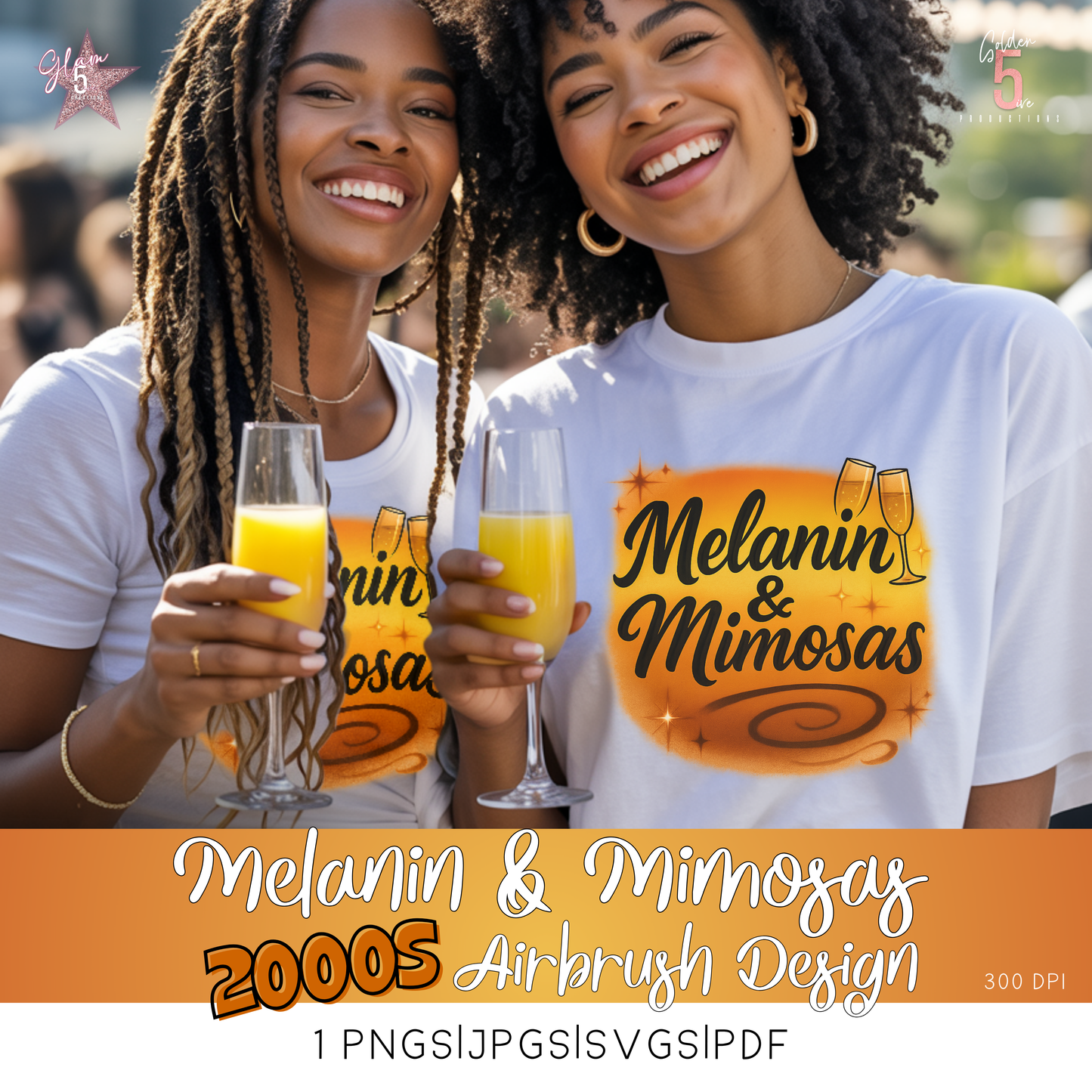 Two women wearing 'Melanin & Mimosas' shirts holding glasses of orange juice.