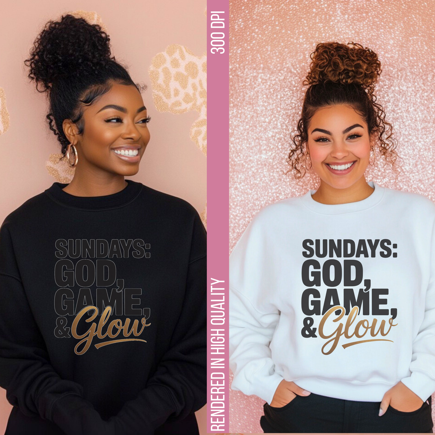 Two people wearing sweatshirts with 'Sundays: God, Game, & Glow' text on a pink floral background.