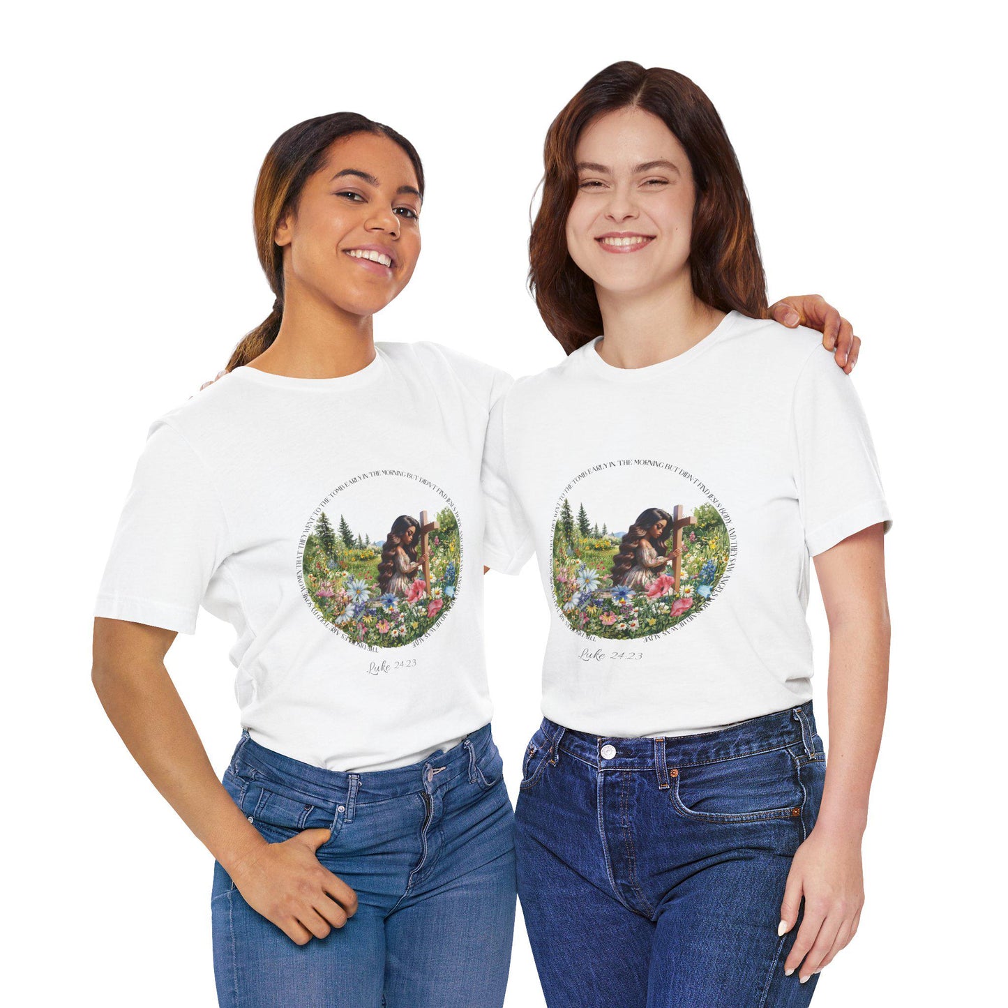 Two women wearing white t-shirts with woman at a cross floral design on a white background