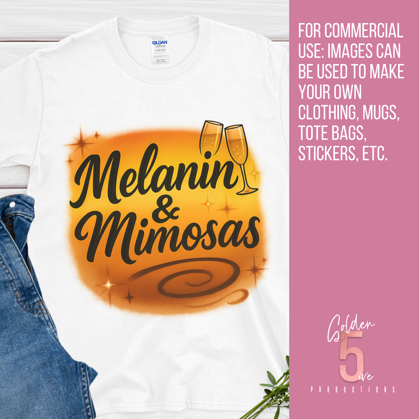 White t-shirt with 'Melanin & Mimosas' design on a wooden surface, with jeans and a plant.