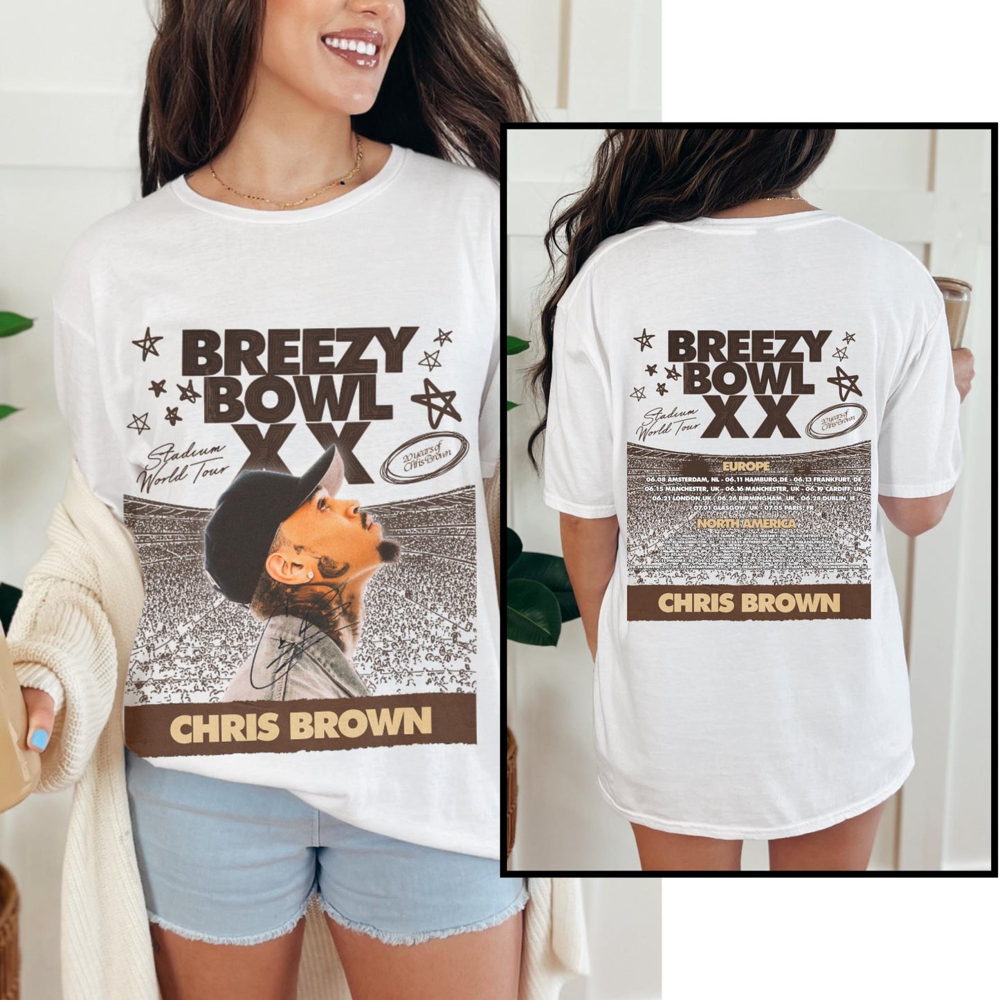 White t-shirt with 'Breezy Bowl XX' design featuring Chris Brown, worn by a person.