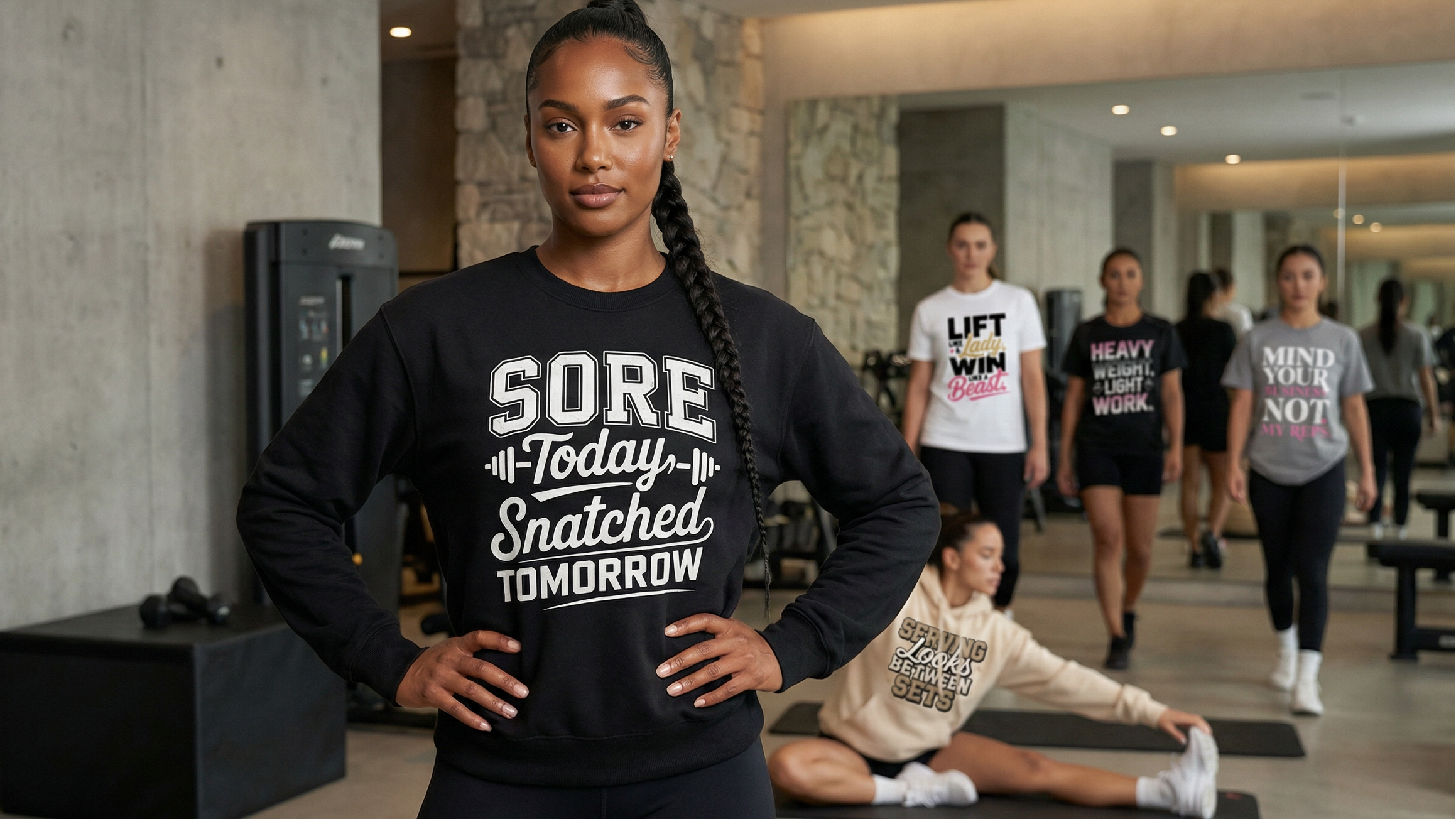 Woman in a gym wearing a black sweatshirt with fitness-themed text.