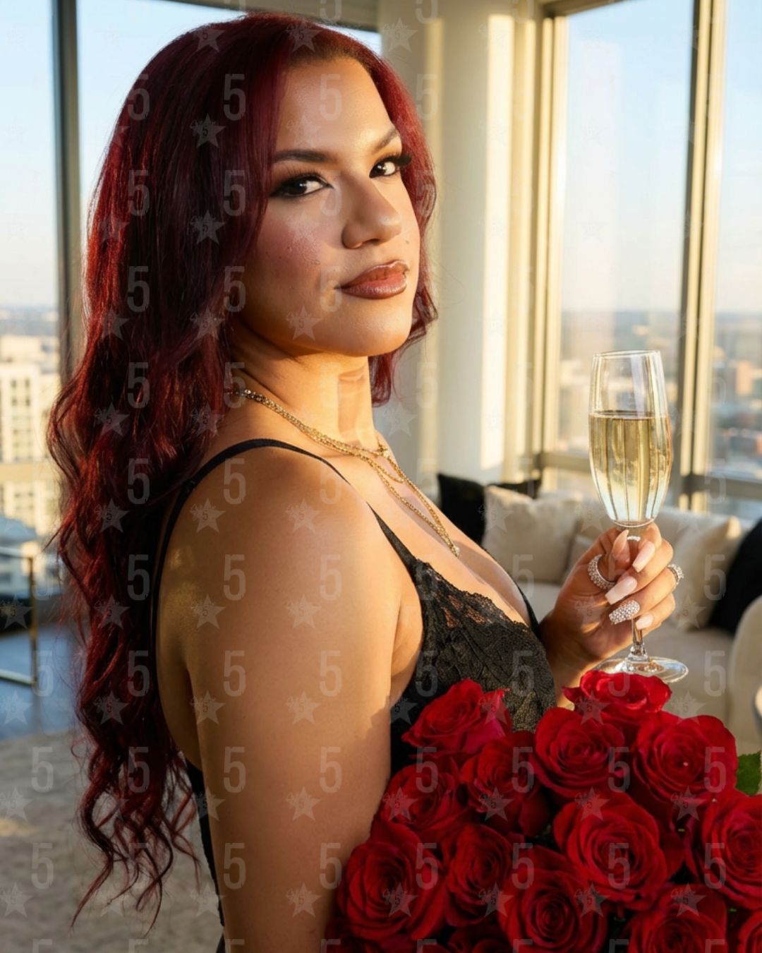 Woman holding a glass of champagne and a bouquet of red roses in an elegant indoor setting. AI luxury portrait before and after example