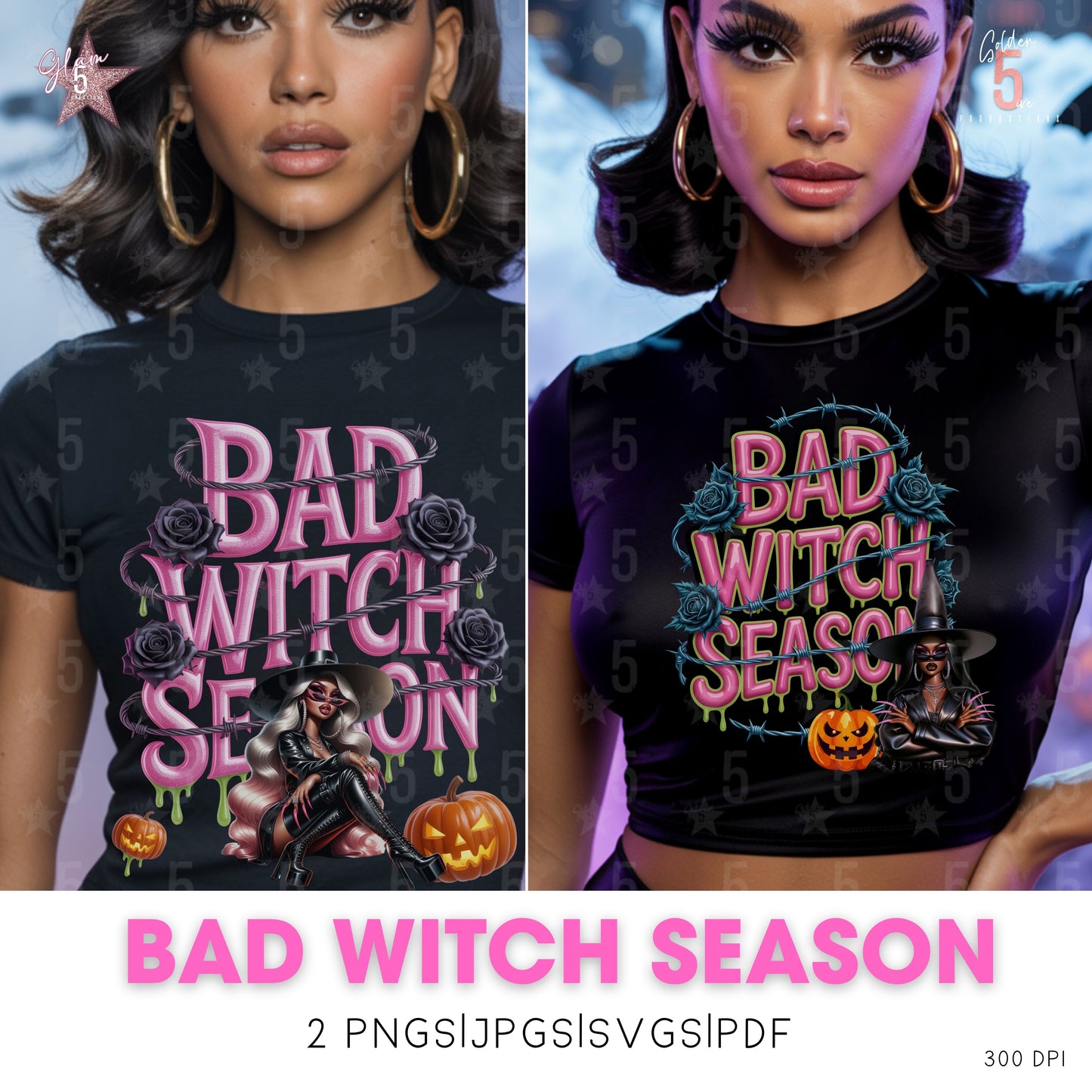 Two views of a person wearing a 'Bad Witch Season' t-shirt with Halloween-themed graphics.