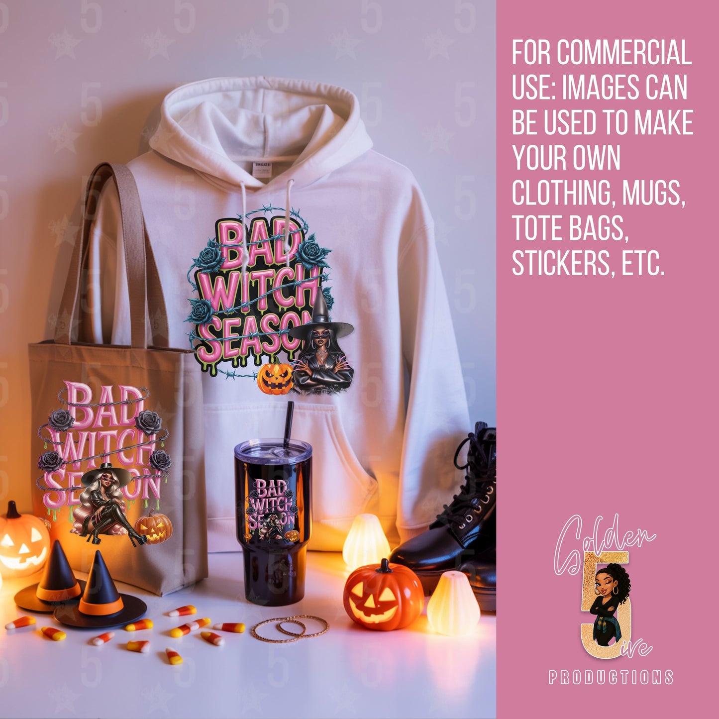 Halloween-themed merchandise including a hoodie, tote bag, and tumbler with 'Bad Witch Season' text.