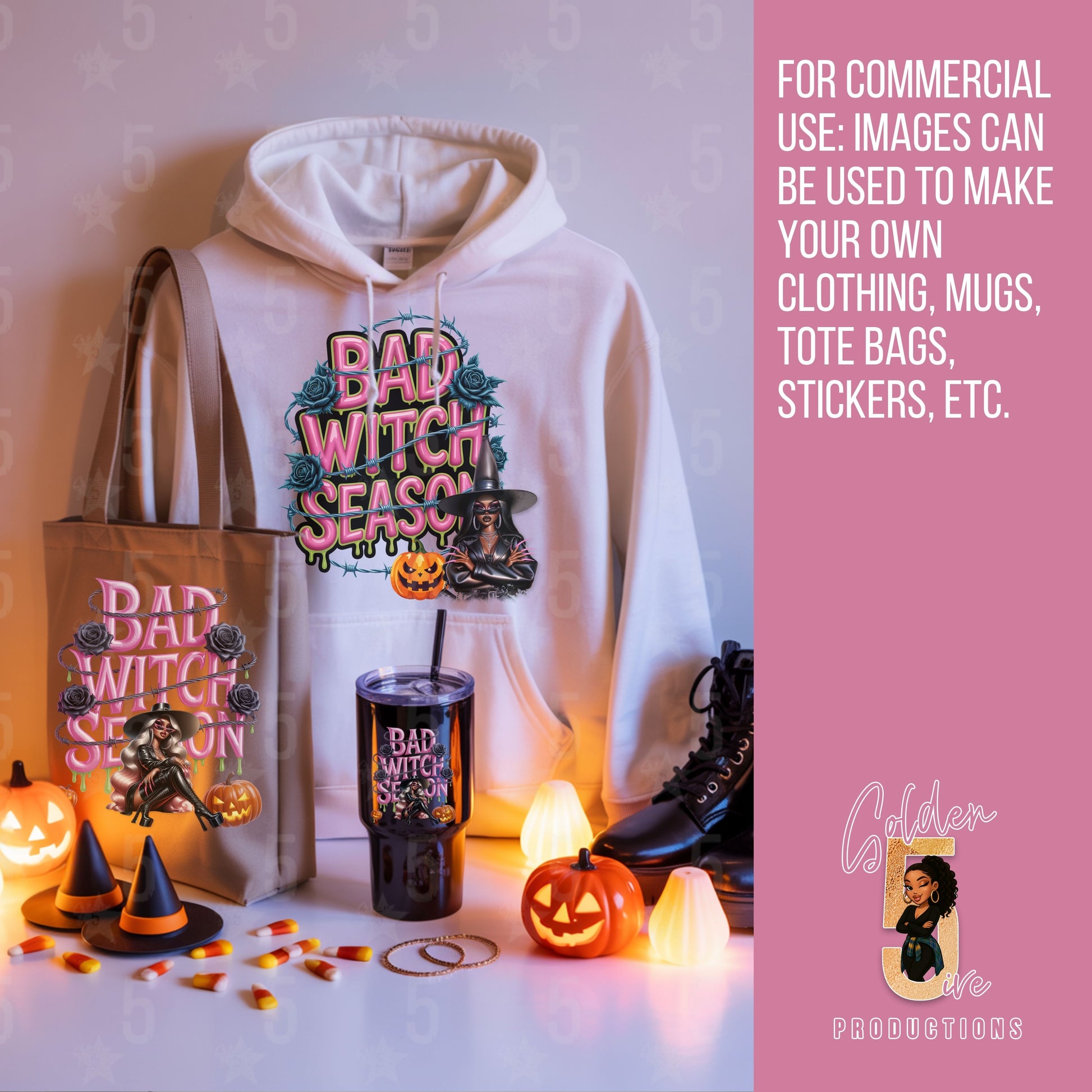 Halloween-themed merchandise including a hoodie, tote bag, and tumbler with 'Bad Witch Season' text.