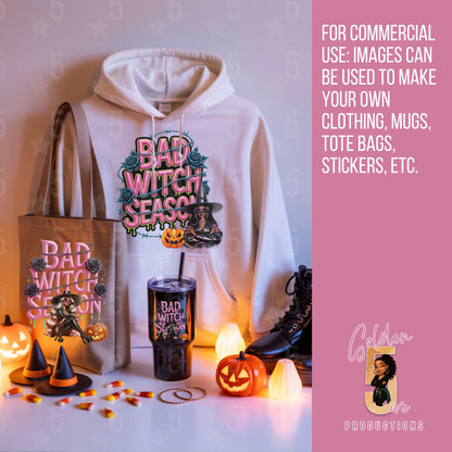 Halloween-themed merchandise including a hoodie, tote bag, and tumbler with 'Bad Witch Season' text.