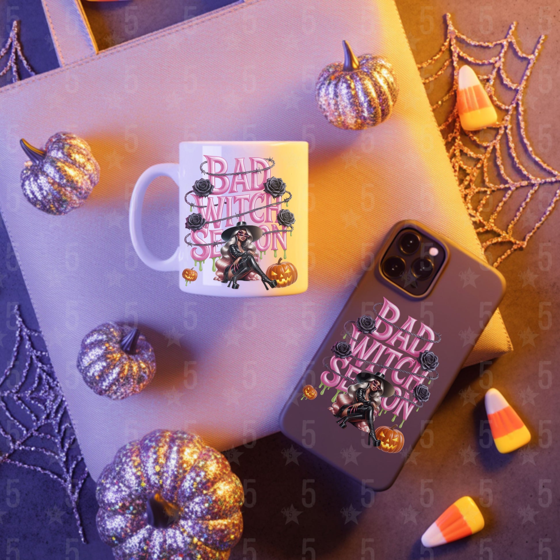 Halloween-themed mug and phone case with decorative pumpkins and candy corn on a purple surface.