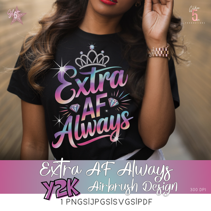 Person wearing a black t-shirt with 'Extra AF Always' design, brand logo visible