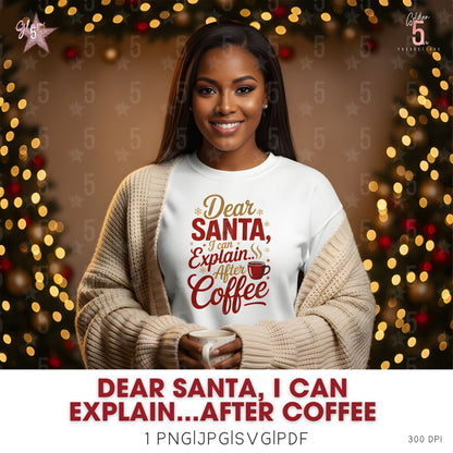 Woman wearing a sweater with a Christmas-themed message in front of decorated trees.