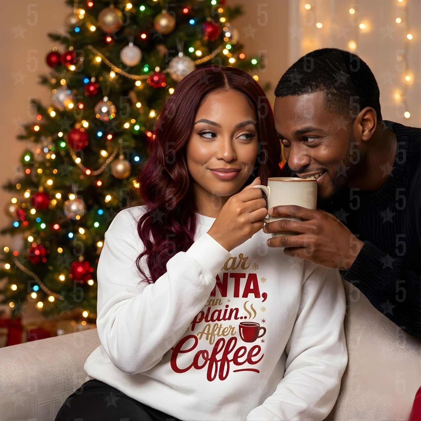 Couple enjoying a mug of coffee in front of a decorated Christmas tree.