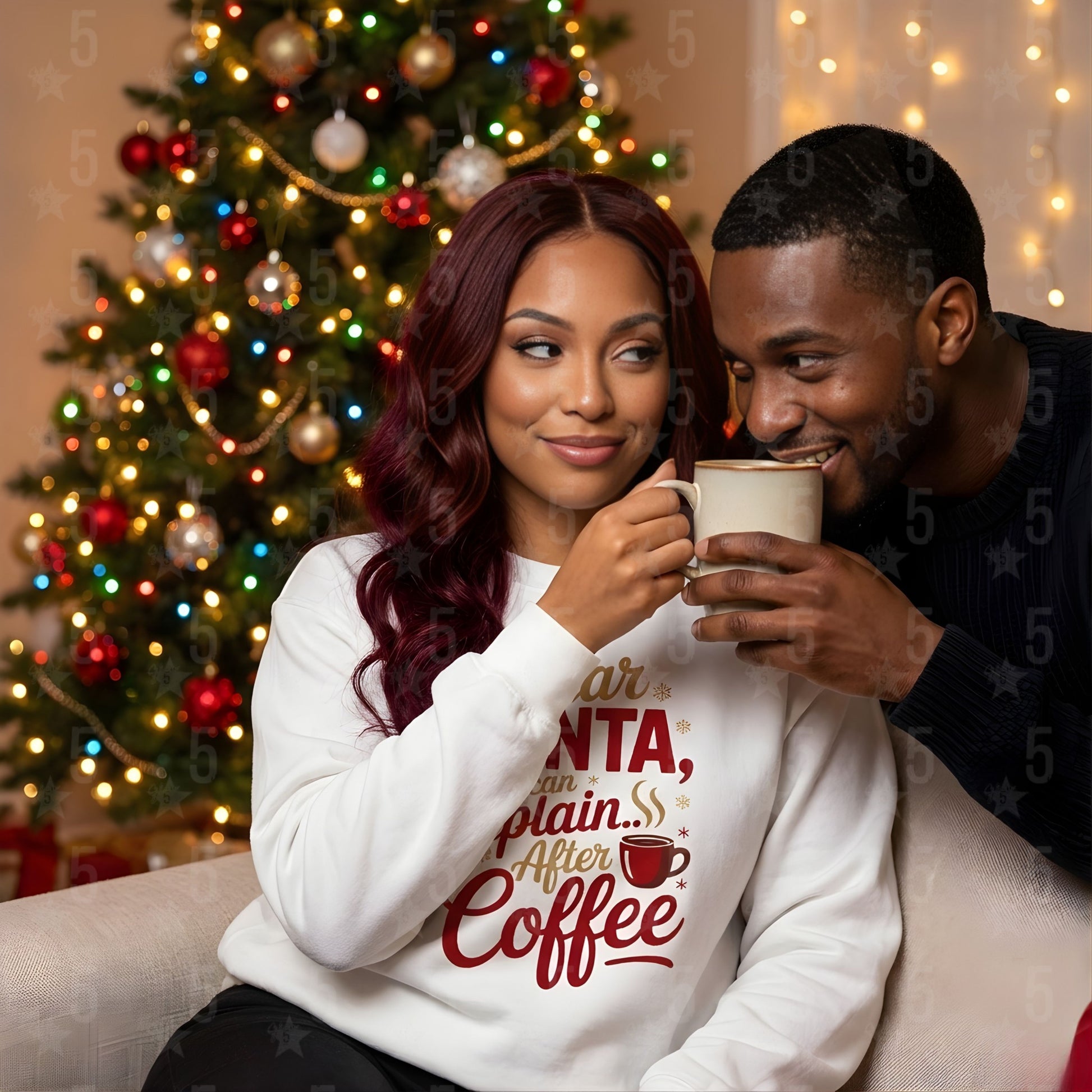 Couple enjoying a mug of coffee in front of a decorated Christmas tree.