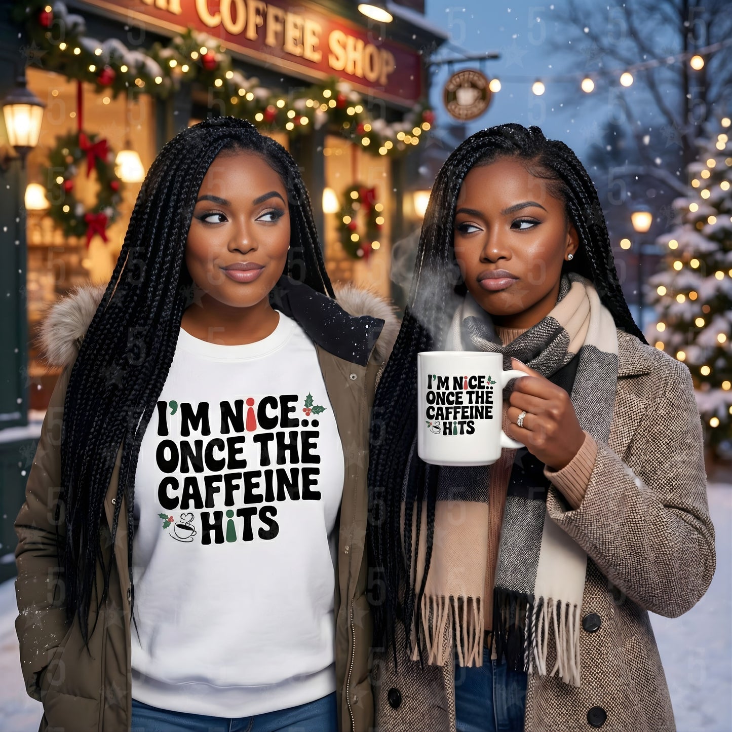Two women standing outside a coffee shop with Christmas decorations, wearing shirts with humorous text.