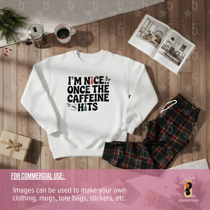 White sweatshirt with text and plaid pants on a wooden floor with coffee and magazine.