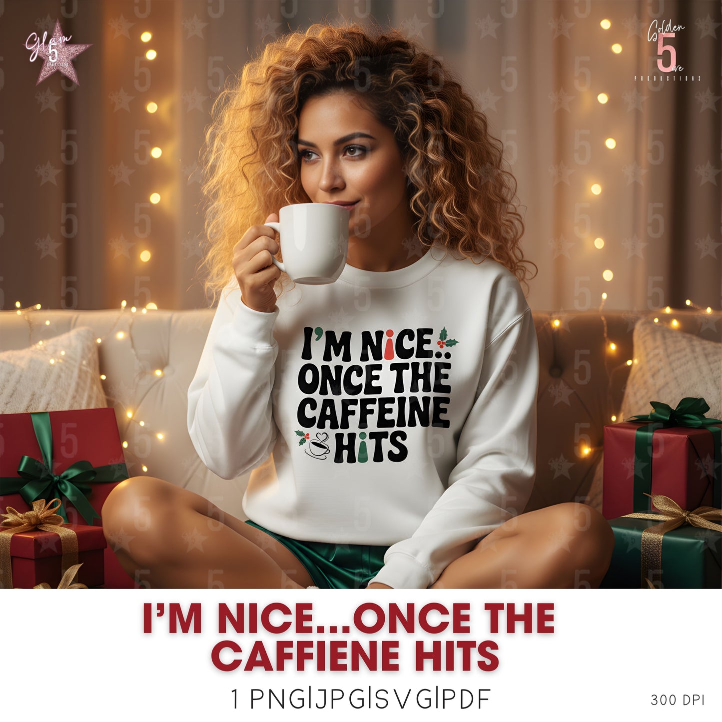 Woman wearing a sweater with text drinking from a mug in a festive setting